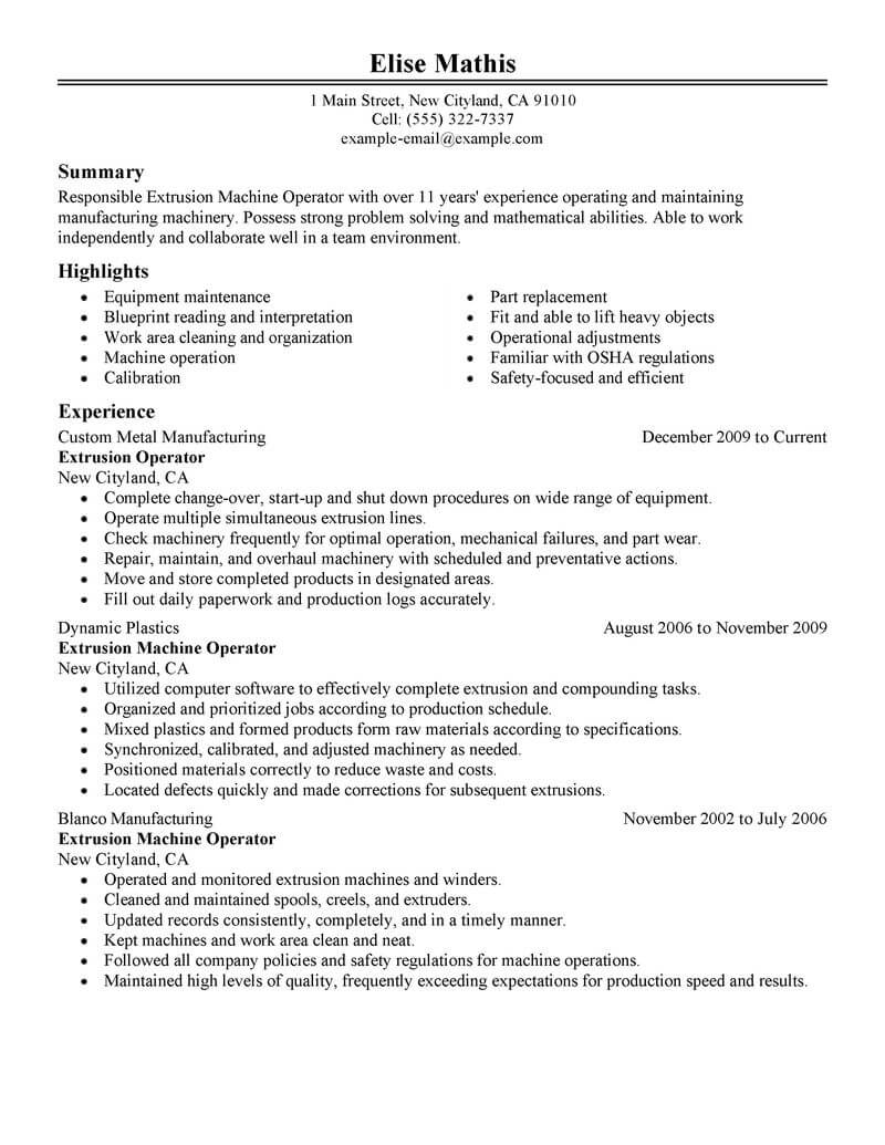 Best Extrusion Operator Resume Example From Professional Resume Writing Service