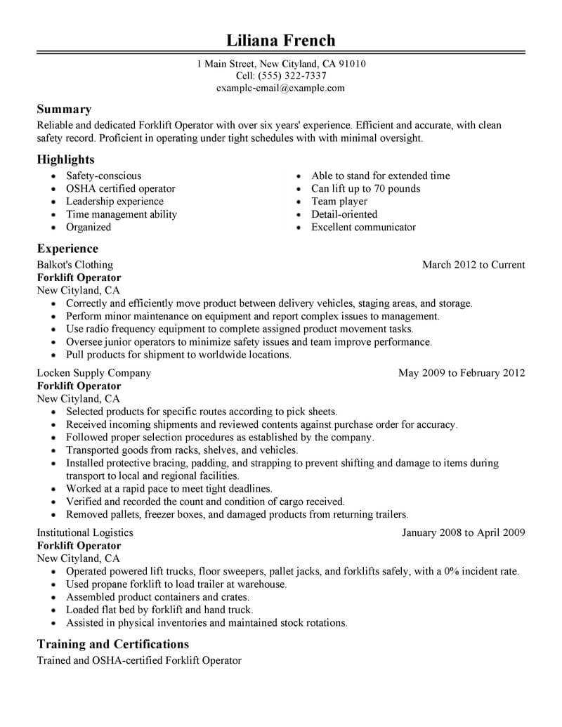 resume templates for forklift driver