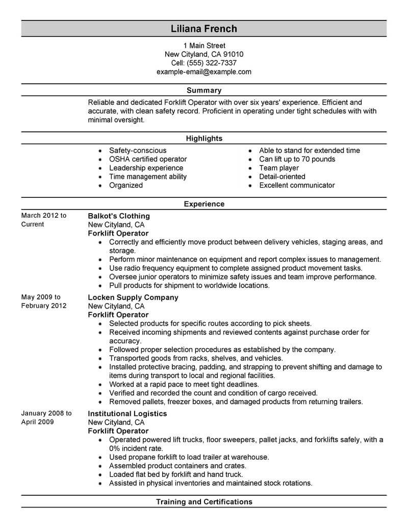 Best Forklift Operator Resume Example From Professional Resume Writing Service