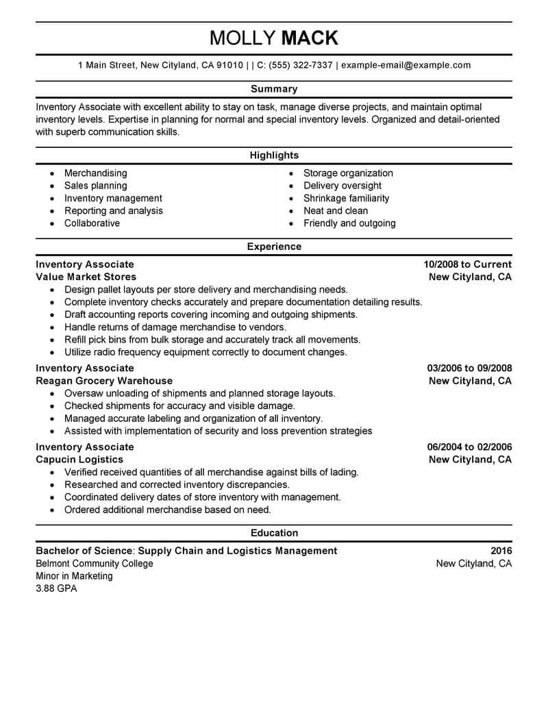 Best Inventory Associate Resume Example From Professional