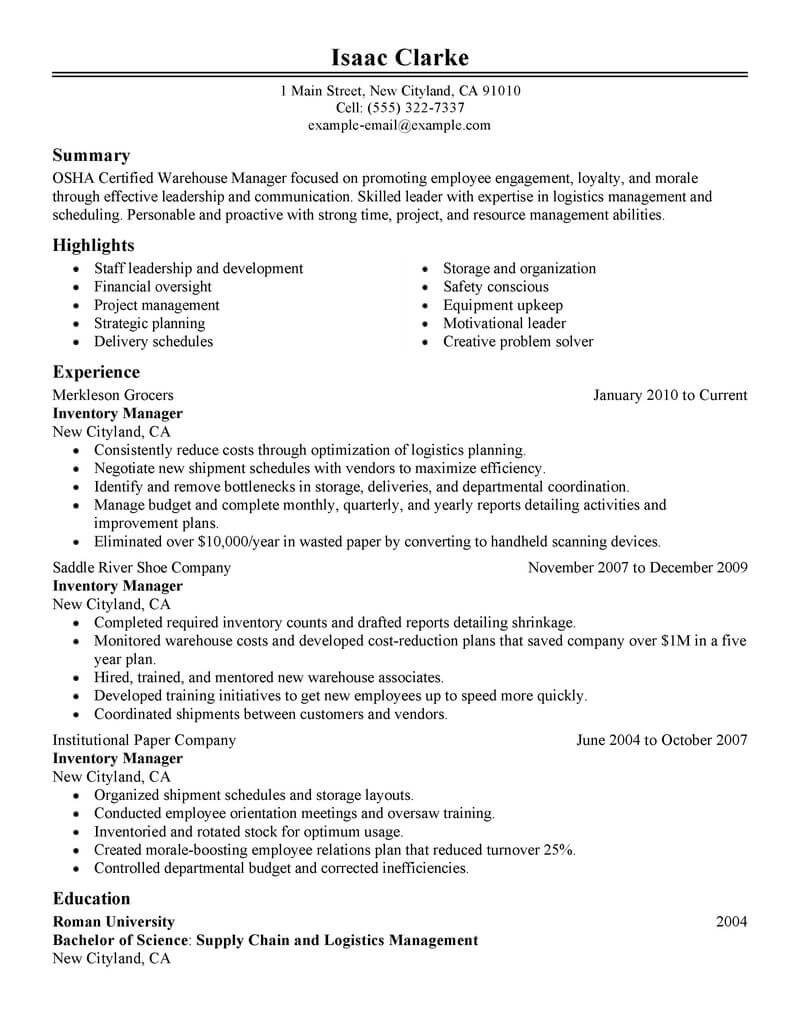 Best Inventory Manager Resume Example From Professional Resume Writing