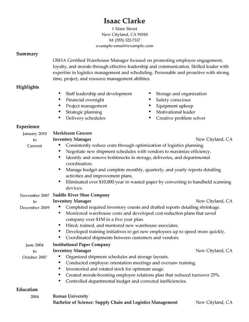 Best Inventory Manager Resume Example From Professional Resume Writing 