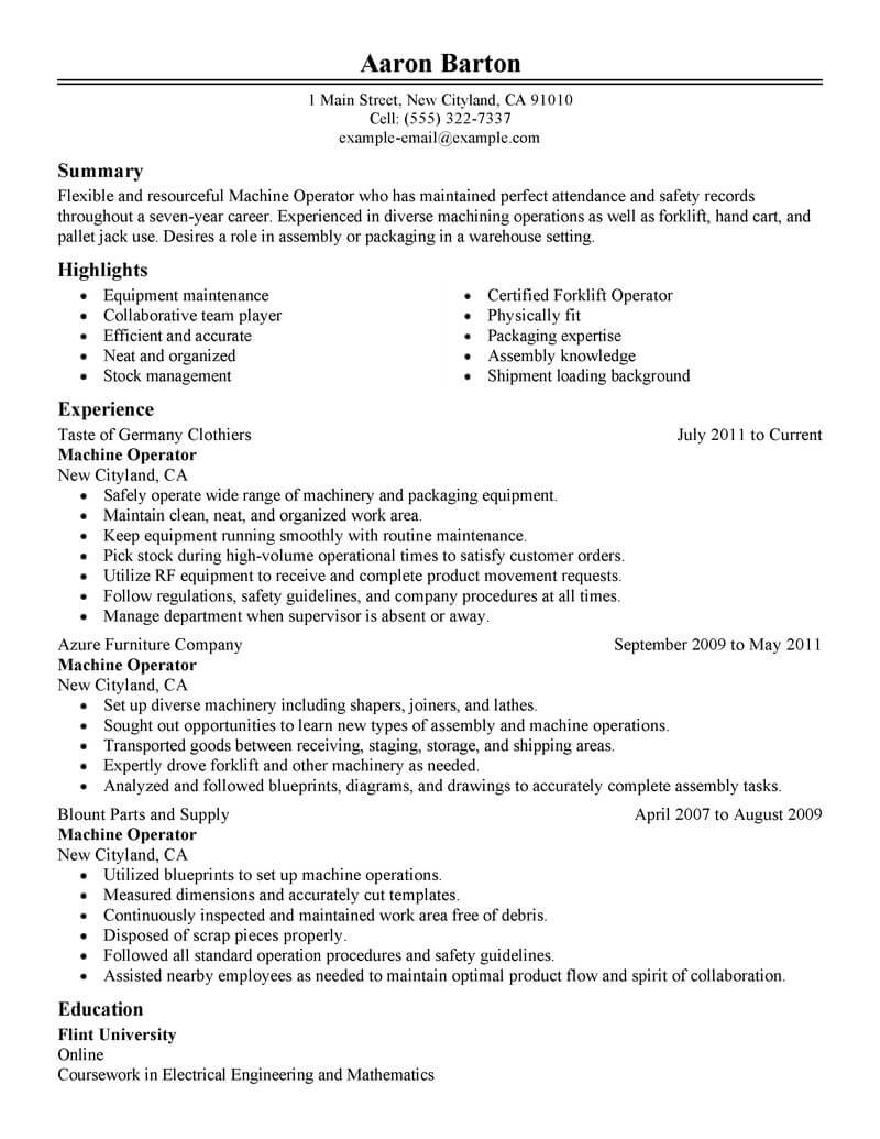 Resume Examples For Machine Operator