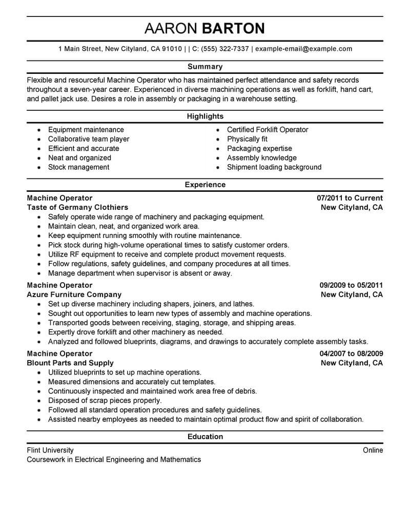 sample resume objective for machine operator