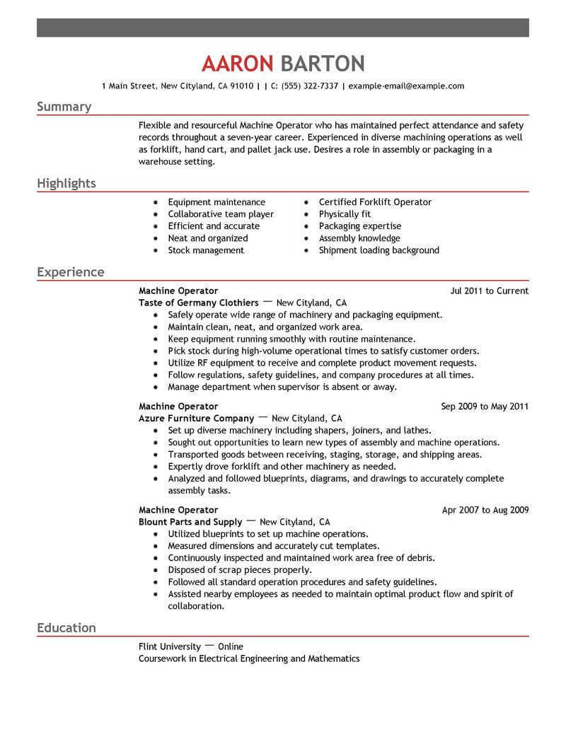 Best Machine Operator Resume Example From Professional ...