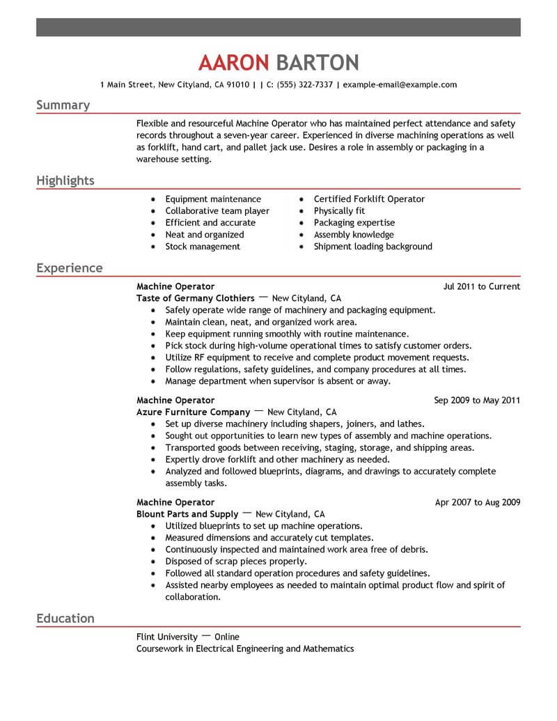 Machine Operator Cv Example