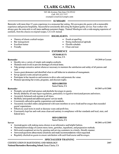 bar restaurant resume examples