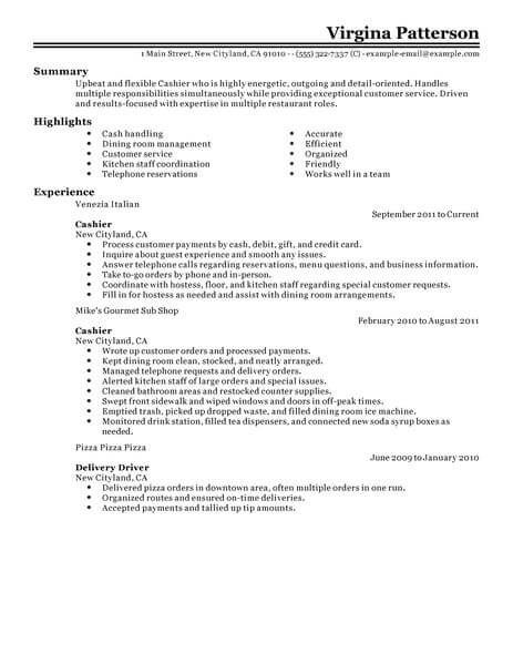 Best Restaurant Cashier Resume Example From Professional ...