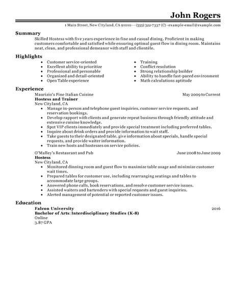 hostess job description on a resume