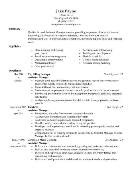 Best Retail Assistant Manager Resume Example From Professional Resume 