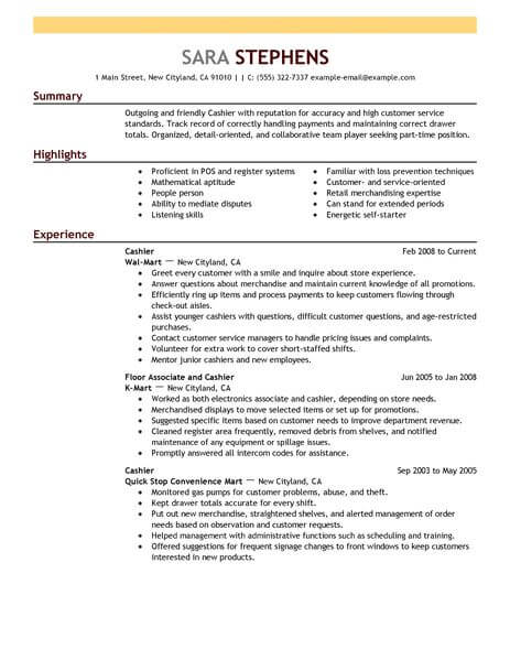 Best Part Time Cashiers Resume Example From Professional ...