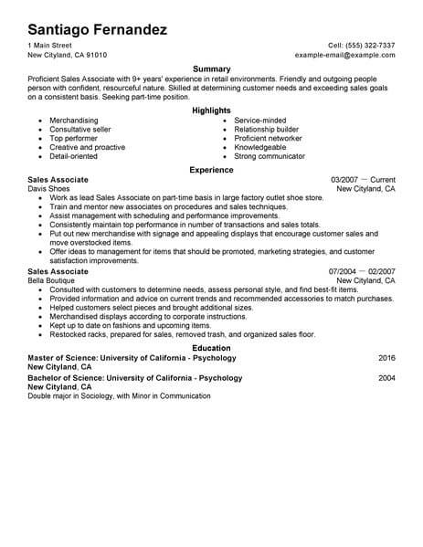 Best Part Time Sales Associates Resume Example From ...