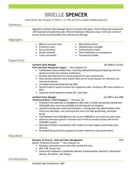 Best Sales Assistant Managers Resume Example From Professional Resume