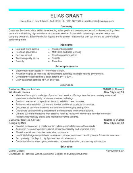 Best Sales Customer Service Advisor Resume Example From