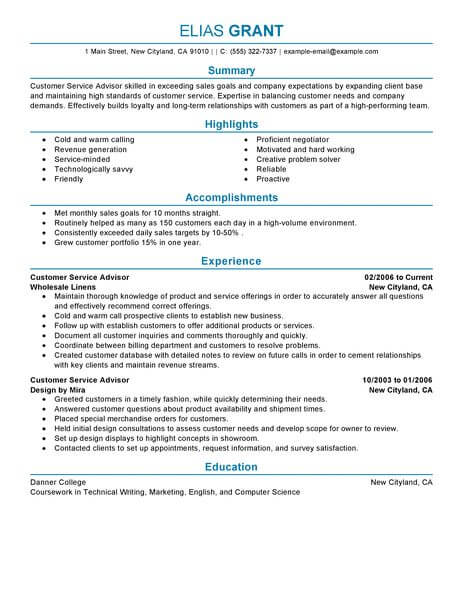 Best Sales Customer Service Advisor Resume Example From ...