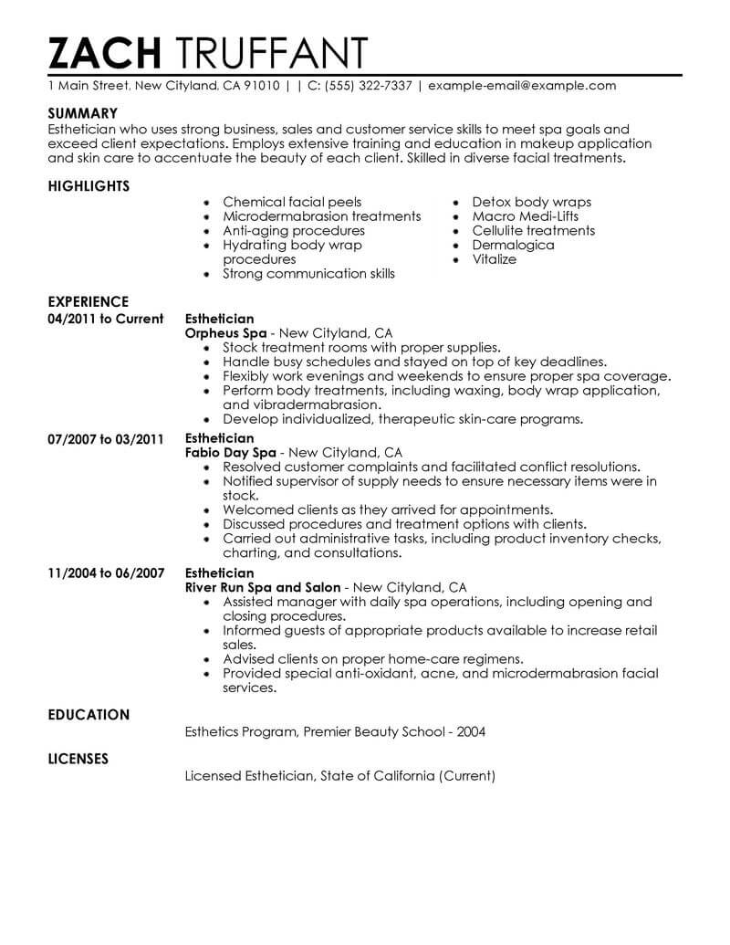 Best Esthetician Resume Example From Professional Resume Writing Service