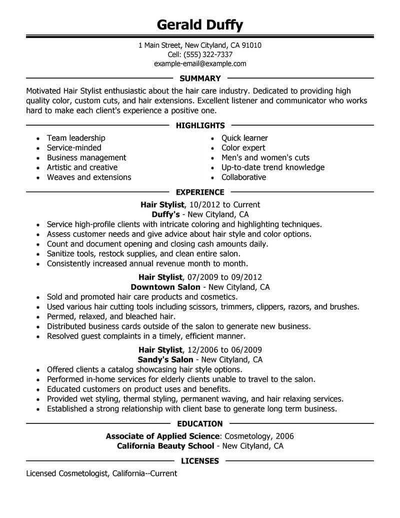 Best Hair Stylist Resume Example From Professional Resume Writing Service