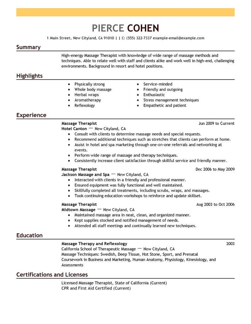 example of resume massage therapist