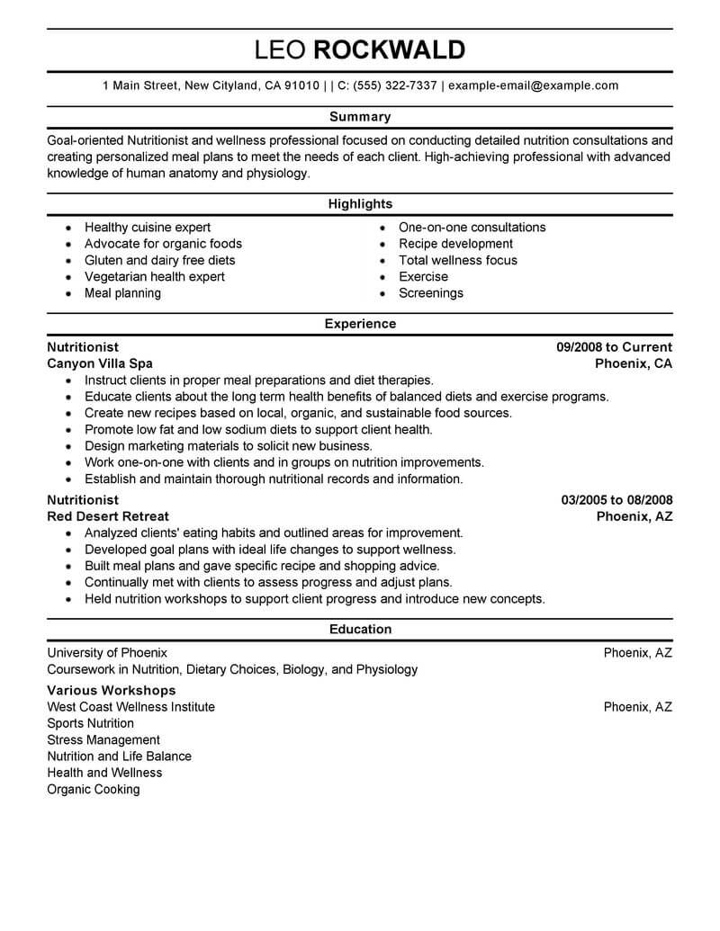 objective for resume examples nutrition