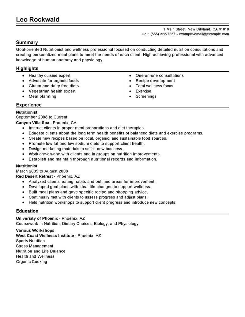 objective for resume examples nutrition