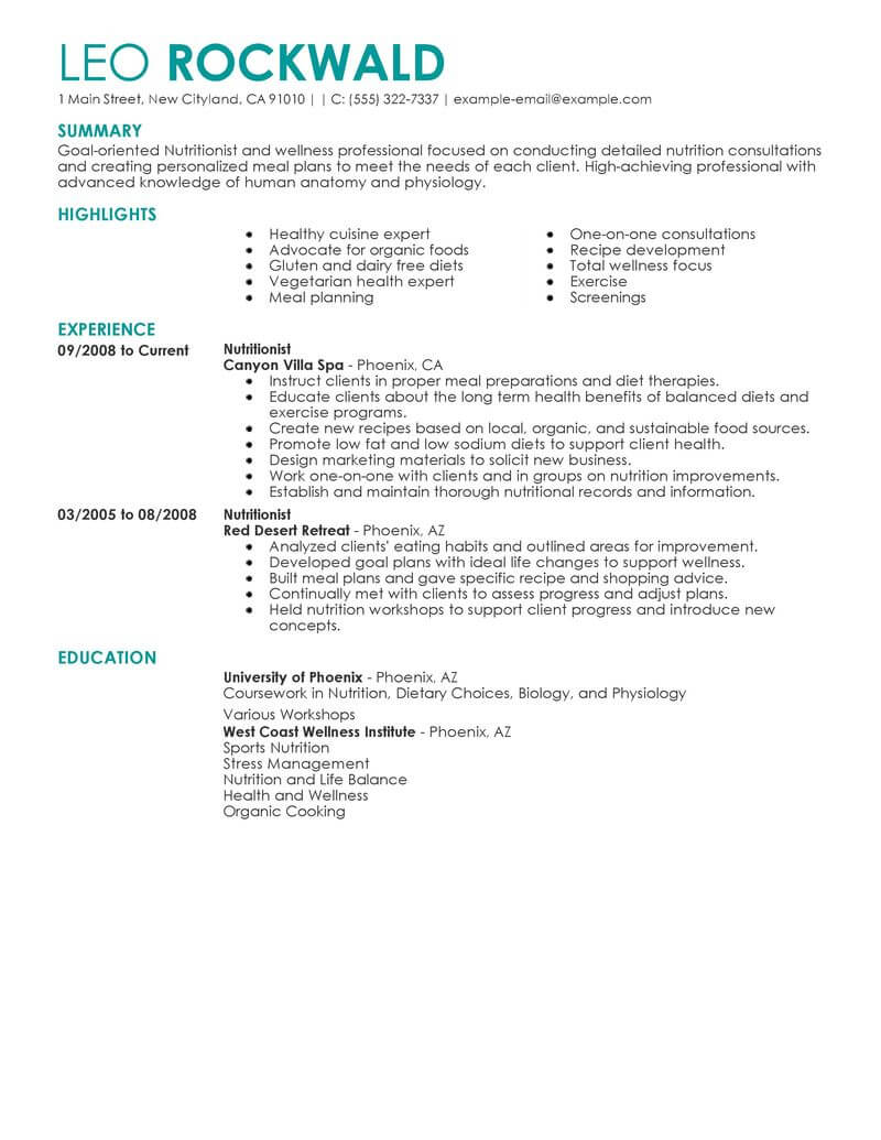 Best Nutritionist Resume Example From Professional Resume ...