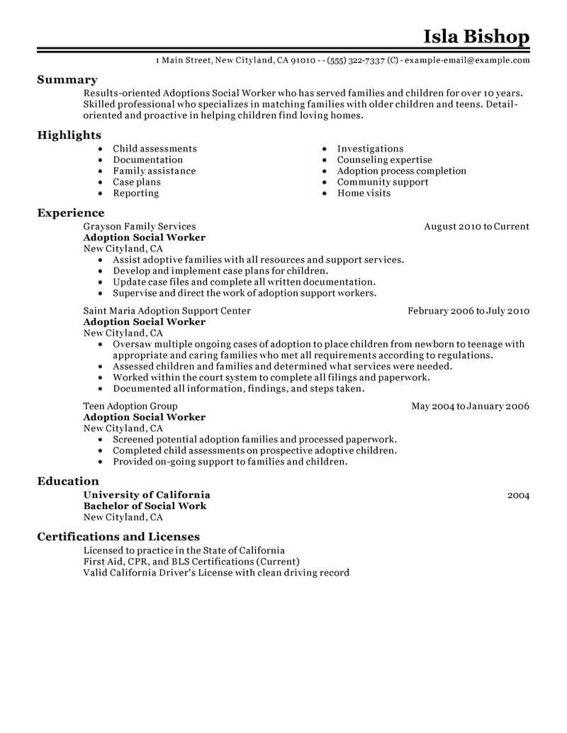 Best Adoptions Social Worker Resume Example From