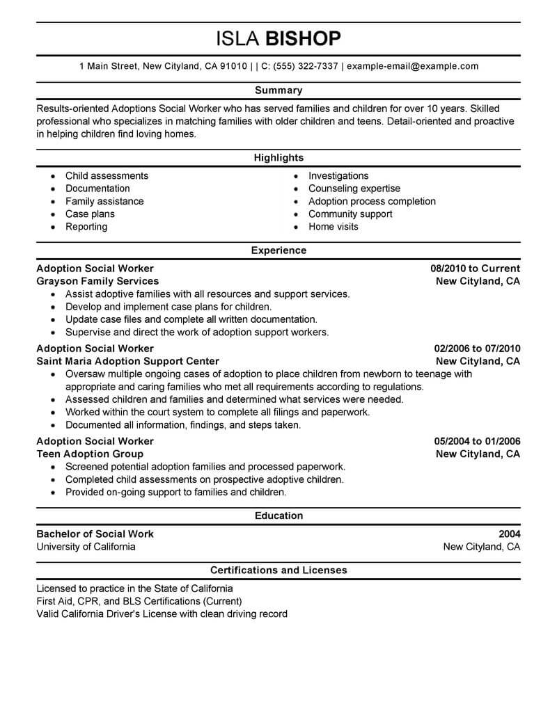 best adoptions social worker resume example from professional resume writing service