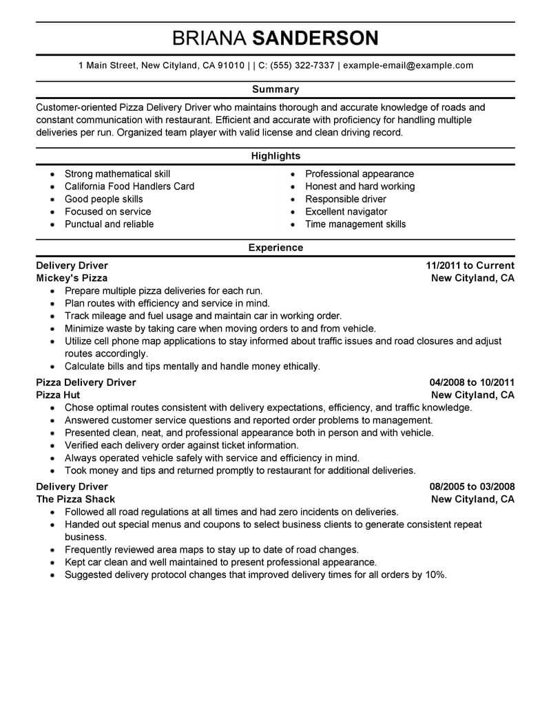 Best Pizza Delivery Drivers Resume Example From Professional Resume