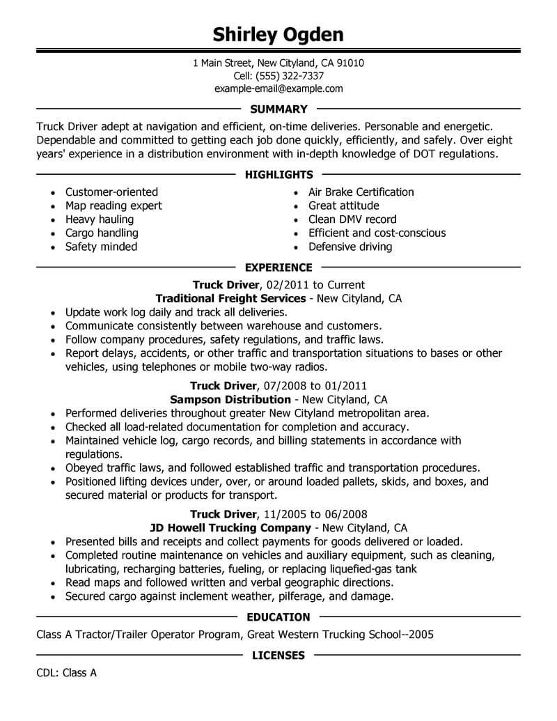 resume summary examples for truck drivers
