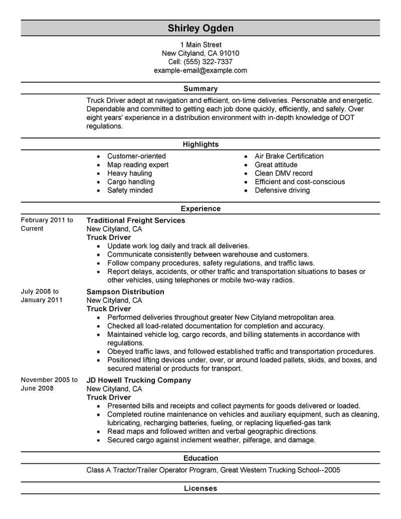 Best Truck Driver Resume Example From Professional Resume Writing Service