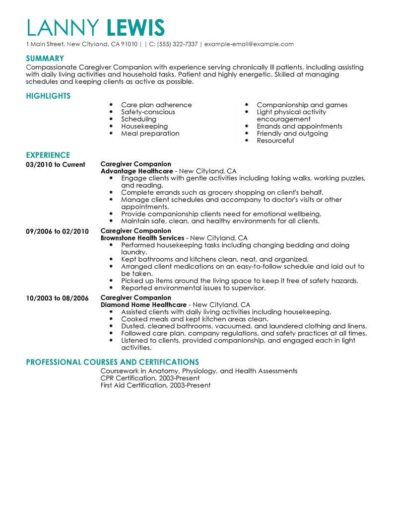 Best Caregivers Companions Resume Example From ...