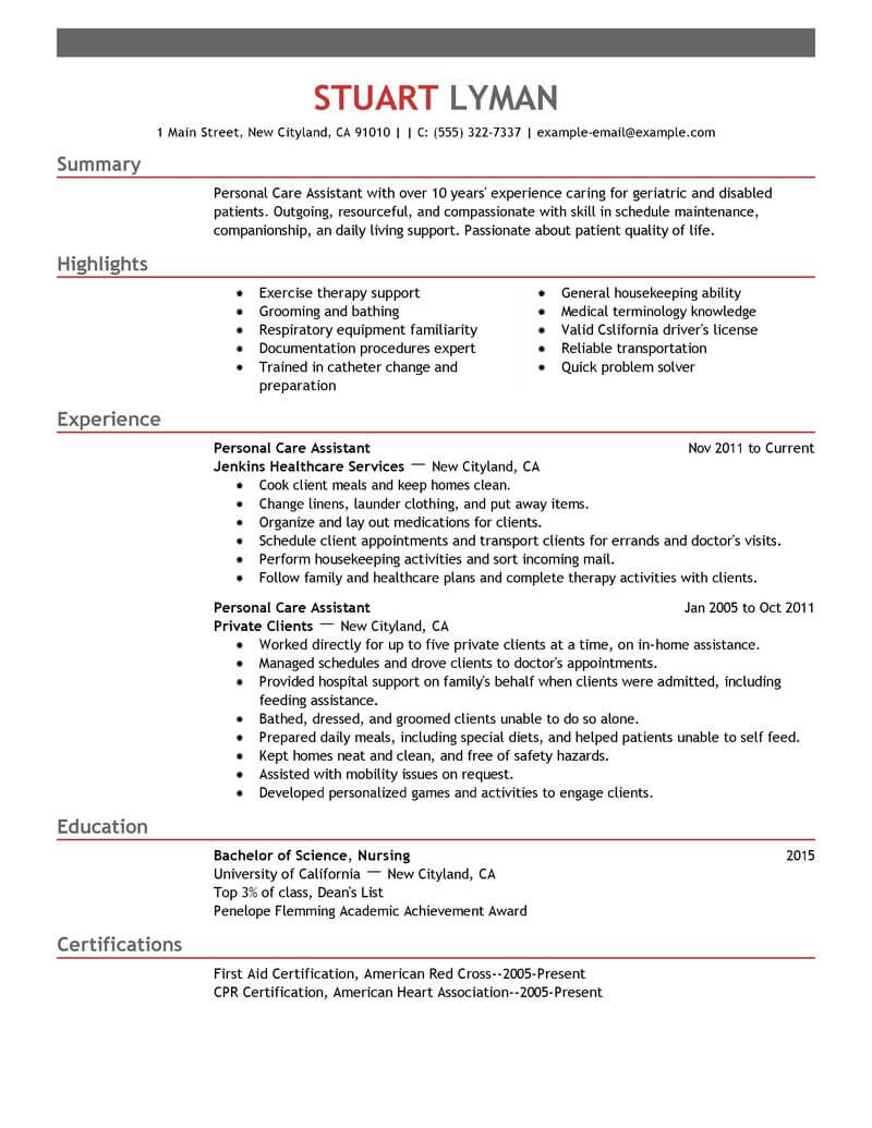 Best Personal Care Assistant Resume Example From Professional Resume 