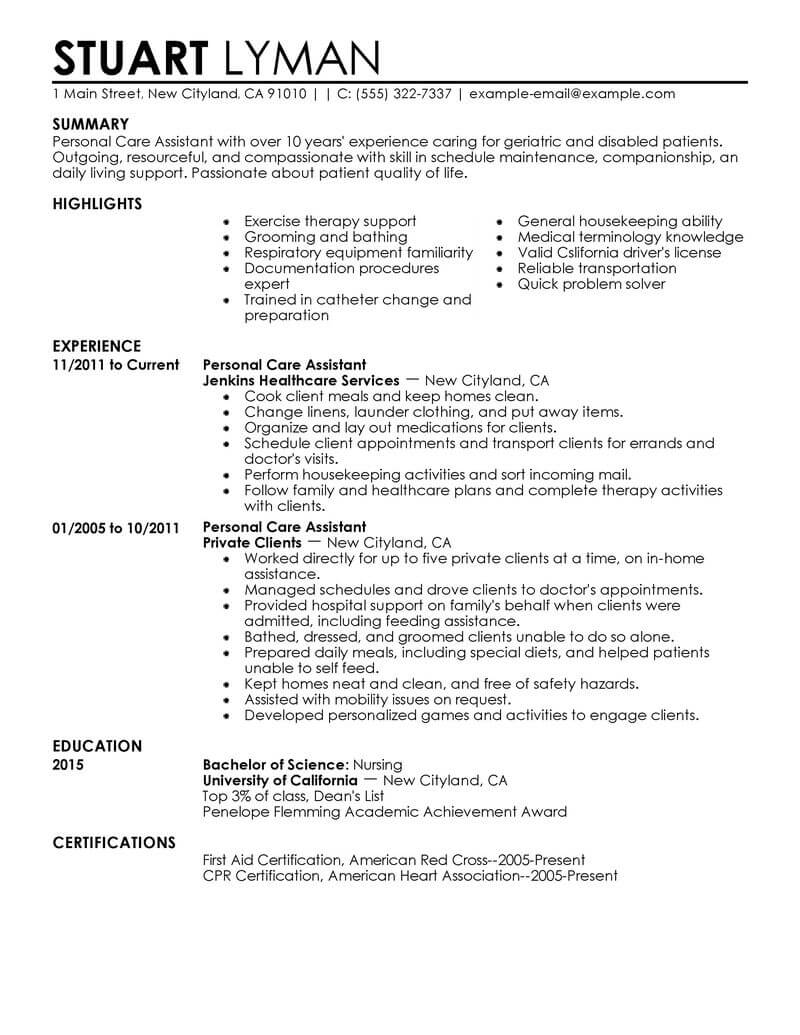 Best Personal Care Assistant Resume Example From ...