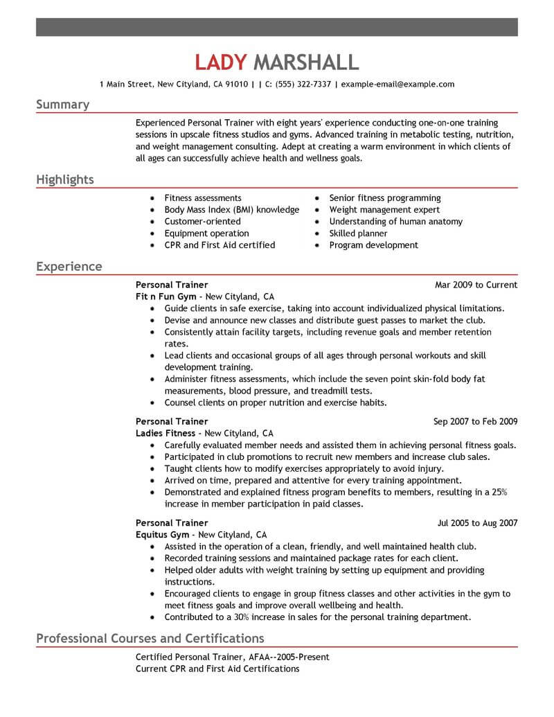 Best Personal Trainer Resume Example From Professional Resume Writing