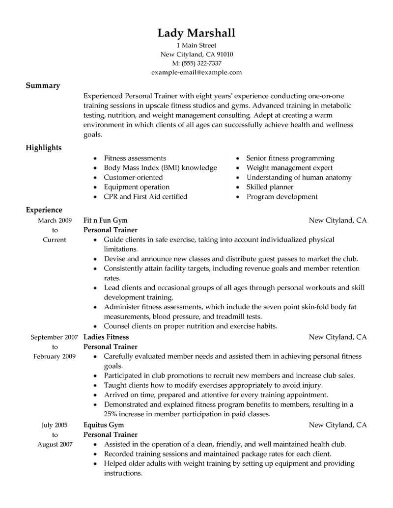 Best Personal Trainer Resume Example From Professional Resume Writing